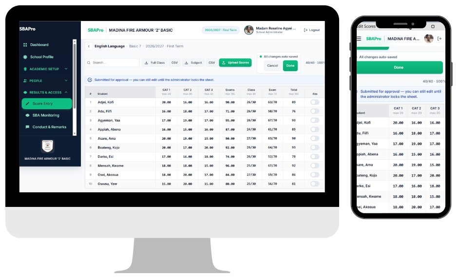 SBAGhana Pro on desktop and mobile — score entry for Basic 7 English Language